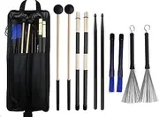TUOREN Drumstick Bag with Floor Tom Hooks Includ 5 Pairs Drum Sticks Mallets Brushes Set Percussion Instrument Accessories for Kids Adults Drummer Practice Black