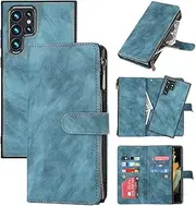 [Cavor] for Galaxy S22Ultra Case, Samsung Galaxy S22 Ultra 5G Case[6.8 inch] PU Leather Folio Flip Cover Kickstand 2 in 1 Detachable Wallet Magnetic Case Zipper Coin Pocket 6 Card Slots-Blue