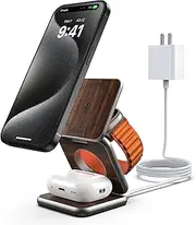 [KU XIU] X40 Magnetic Wireless Charger, 3 in 1 Wireless Charging Station for Apple Devices, Foldable Portable Fast Charging Stand for iPhone 16 15 14 13 12 Pro Max & Apple Watch, AirPods - Wood Grain