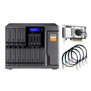 QNAP TL-D1600S 16-bay desktop SATA JBOD expansion unit with a QXP-1600eS PCIe SATA host card and 4 SFF-8088 to SFF-8644 SAS/SATA 6Gb