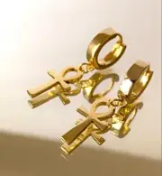 Solid Metal Religious Cross Dangle Earring 14k Yellow Gold Plated Silver For Him