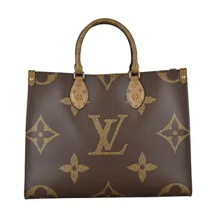 LV 45321 ONTHEGO MM花紋LOGO撞色設計Monogram Reverse帆布釦式手提肩背包(咖啡x淺咖