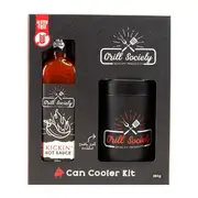 2pc Grill Society BBQ Kickin Hot Sauce & Insulated Can Cooler Stubby Holder Set