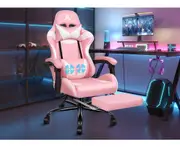 Gaming Chair Office Executive Racing Footrest Seat Leather - Pink