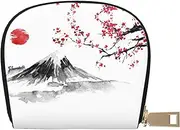 [JEJEA] Japanese Mount Red Sun Print Credit Card Holder Wallet, Small Card Holder Wallet with Zipper,Leather Card Holder, White, One Size