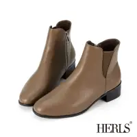 在飛比找momo購物網優惠-【HERLS】短靴-V型鬆緊橢圓頭粗跟皮革短靴(可可色)