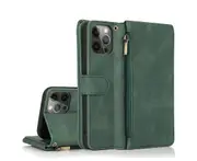 For iPhone 14 Pro Case, Leather Zipper Purse Flip Cover Case with Card Slot Holder Wrist Strap Lanyard (Dark Green)