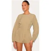 Stone Tailored Woven High Neck Cocoon Sleeve Playsuit, Stone