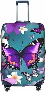 [pvinnk] Purple Butterfly and Flowers Print Protective Luggage Cover Elastic Washable Suitcase Travel Gear Protector, White, Medium