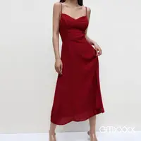 在飛比找momo購物網優惠-【Gmxxxx】法式紅雪紡顯瘦綁帶長洋裝(雪紡洋裝 長洋裝)