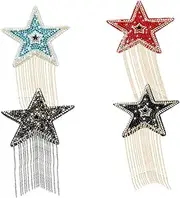 HOMSFOU 4 Pcs Rhinestone Star Cloth Patch Stickers with Beads Tassel Hot Melt Adhesive Decals for DIY Art Craft Durable Decorative Stickers for Pants and Bags