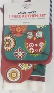 5 pc KITCHEN SET: 2 POT HOLDERS,1 OVEN MITT & 2 TOWELS, MOROCCAN KABASH OWLS, AM