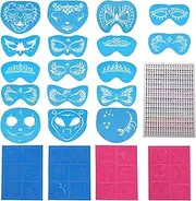 Face Paint Stencils 17pcs Reusable Face Painting Stencils with 4 Sheet Painting Stickers and 1pcs Rhinestone Bling Sticker for Festival Party Decoration