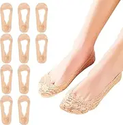 [JEKUGOT] 10 Pairs Women's No Show Lace Socks, Non-Slip Invisible Low Cut Boat Liners, skin color, 4.5-8 US Short