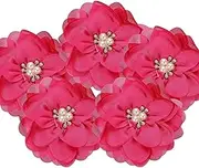 uxcell 3.15 Inch Chiffon Flowers, 5 Pcs Fabric Flowers Rhinestone Pearl Large Camellia Sewing Appliques for DIY Crafts Dresses Clothing Headbands Wedding Party Decoration, Hot Pink
