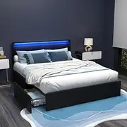 Artiss Bed Frame Queen Size LED with 4 Storage Drawers Mattress Base Black Dunn