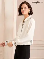 Love & Roses Cream Trim Detail Button Through Long Sleeve Shirt (AL2835) | $88