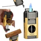 Lubinski 2 Jet Torch Cigar Lighter V-cut Cutter Cigar Punch Holder Needle Gold