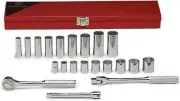 337 - 3/8Inch Drive 21 Piece Metal Boxed Set - 6 Point Std. & Deep Sockets