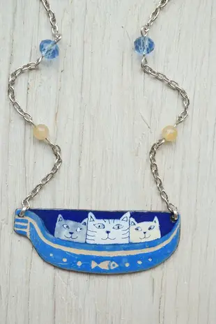 Enamel Necklace, Cat Necklace, Venice Cat, Gondola, Enamel Jewelry, Lovers,