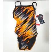 Speedo Power Flex Eco Racing Cut Flyback Swimsuit Orange & Black Size 26 XS