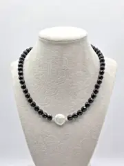 Black Onyx Faceted Beaded Necklace with Coin Fresh Water Pearl Premium Quality