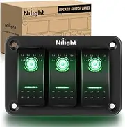 Nilight 3 Gang Aluminum Rocker Switch Panel Toggle Dash 5 Pin ON/Off Pre-Wired Rocker Switch GreenBacklit Switch for Automotive Cars Marine Boats RVs, Green (90127C)