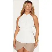 Shape Cream Pleated High Neck Open Back Top, Cream