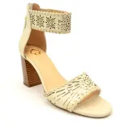 C Wonder Womens Katie Leather Ankle Strap Sandal Sz 8.5M White Sand Back Zip NEW