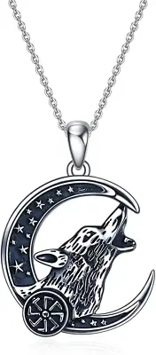 Wolf Pendant Necklace 925 Sterling Silver Howling Wolf Viking Jewelry for Men