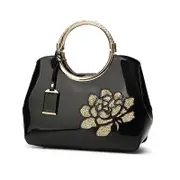 Nevenka Women Handbag Leather Flower Pattern Satchel Charm Glossy Metal Grip Shoulder Bag-Black
