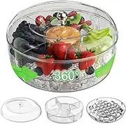 JELITY Divided Serving Tray with Lid, Rotatable Ice Serving Tray, Portable Charcuterie Container, Spinning Snack Platter, Fruit Fresh Keeping Organiser for Candy, Nuts, Snacks