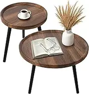Nesting Coffee Table Set of 2, Modern Round Coffee Tables Nesting Side Table Set, Easy Assembly Nesting Tables for Living Room, Walnut Wood End Tables for Home Office Yard