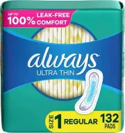 Always Ultra Thin Pads Size 1 Regular Unscented 132 Ct No Wings
