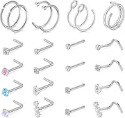 [Briana Williams] 18G 20G Nose Rings for Women Nose Piercings Nose Rings Hoops Nose Studs Surgical Stainless Steel Hoop L Shape Screw Corkscrew Nostril Piercing Jewelry Gold Silver
