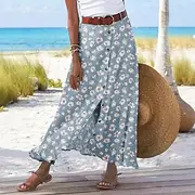 Women's Skirt Casual Boho Maxi Mid Rise Skirts Floral Print Split Ends Micro-elastic Street Going out Sky Blue Summer Polyester