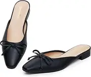 [GENSHUO] Mules for Women Flat Shoes Comfortable Slippers for Women Bowknot Square Toe Closed Cute Backless Loafers Mules 36-42 EU