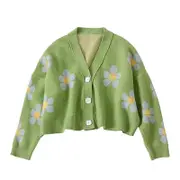 Womens Flower Cardigan V Neck Button Down Open Front Sweater-Green