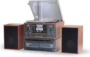 [Steepletone] BOSTON Black 5 in 1 Music Centre, Bluetooth Vinyl Record Player, Turntable with CD, Cassette, FM Radio and Aux in, USB MP3 playback & Encoding, Remote Control, Standalone Stereo Speakers