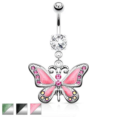 Butterfly with CZ Dangle Belly Button Navel Ring 14g 3/8"