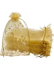 100PCS Gold Organza Moon Star Small Jewelry Bags - 4''X6'' Drawstring Mesh Gi...