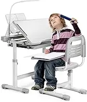 Kids Desk and Chair Set Height Adjustable School Study Desk and Chair with 55° Tiltable Desktop, 3 Modes&3 Brightness LED Lamps, Storage Drawer and Metal Hook for Boys Girls, Grey