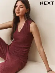 Red Sleeveless Textured V-Neck Top (W26578) | $49