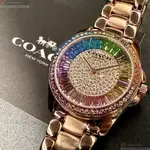 COACH手錶,編號CH00191,36MM玫瑰金圓形精鋼錶殼,彩虹中二針顯示, 彩虹鋼琴鍵鑽圈錶面,玫瑰金色精鋼錶帶款