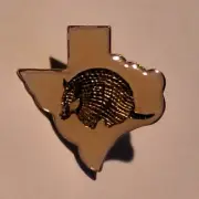 SOUVENIR HAT BADGE or LAPEL PIN - TEXAS USA - STATE MAP & ARMADILLO - LOOK!