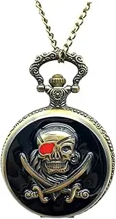 [NIYANGLE] Vintage Pirate Skull Pocket Watch Retro Alloy Quartz with Dial for Stylish Fashion Accessory