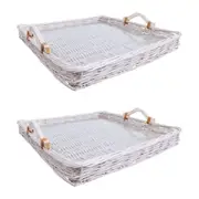 2x LVD Woven Wilow Tray Basket Storage Home Decor Square w/ Glass 45x45cm White