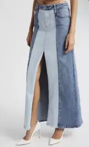 $375 NWT Alice + Olivia Rye Two-Tone Slit Front Denim Maxi Skirt