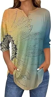 [Generic] Plus Size T Shirts Womens Tops Button Up Neck Casual Florao Printed Tunic T Shirts Three Quarter Length Womens Tops