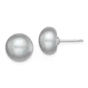 Sterling Silver Rh-Plated 11-12mm Grey Fwc Button Pearl Earrings